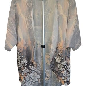 Women's Floral Embroidered Sheer Kimono - Gray & Peach